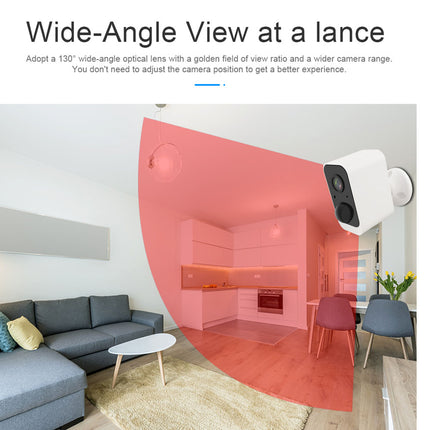 Smart home security camera in a living room with wide-angle view feature highlighted.