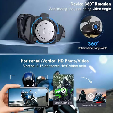 Motorcycle helmet camera with 360-degree rotation feature and video display on a smartphone.
