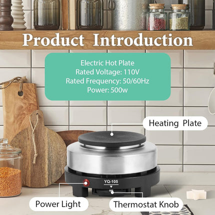 Electric hot plate with labeled parts on a kitchen counter
