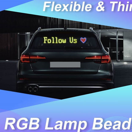 A rear view of a dark car with a flexible and thin RGB LED window bead light on the back window displaying 'Follow Us' with a heart. The image has blue and purple graphic borders with the text 'Flexible & Thin' at the top and 'RGB Lamp Bead' at the bottom.