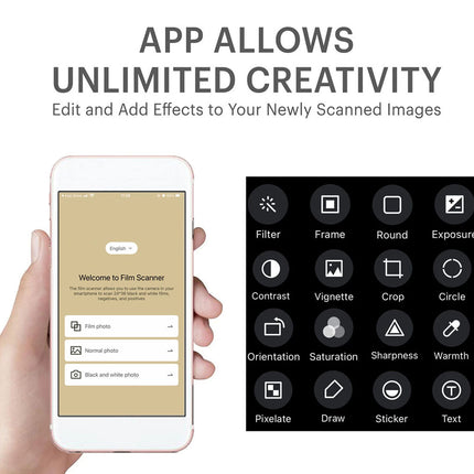 Hand holding a smartphone with app interface displaying photo editing tools on a white background