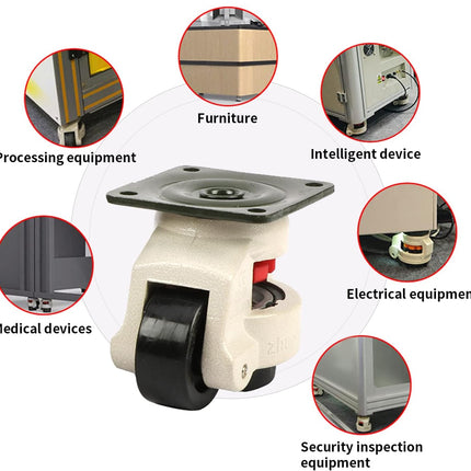 Caster wheel with various application scenarios labeled on a white background