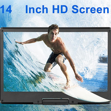 14-inch HD screen displaying a person surfing with a blue watercolor background