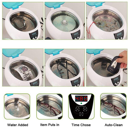A 6-step instructional collage showing an automatic ultrasonic cleaner in use. The panels demonstrate adding water, placing an item inside, selecting a timer, and the auto-clean process, with text labels at the bottom.