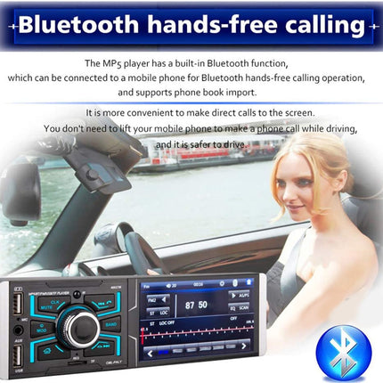 Car stereo system with Bluetooth hands-free calling feature, displayed in a car interior.