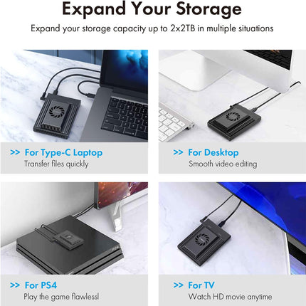 Storage expansion devices for laptops, desktops, PS4, and TV on a white background.
