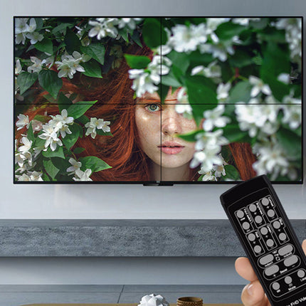 Person holding a remote control in front of a television displaying a nature-themed image.