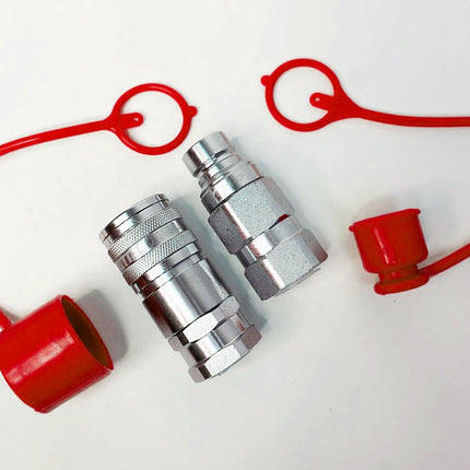 Two silver metal hose connectors with red plastic caps and red loop straps, arranged on a plain white background.