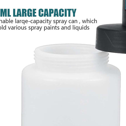 Close-up of a detachable large-capacity spray can with a translucent white bottle body, black nozzle base, and teal-and-black sprayer, with text reading '800ML LARGE CAPACITY' on a white background.