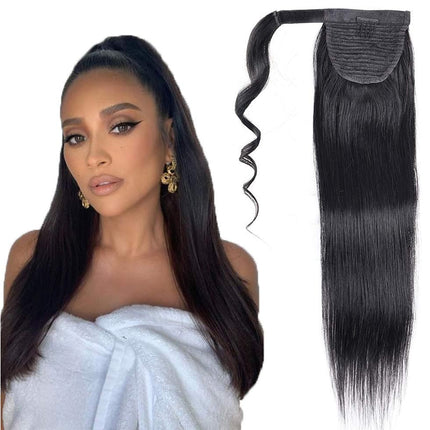 Woman with styled hair and a hair extension on a white background