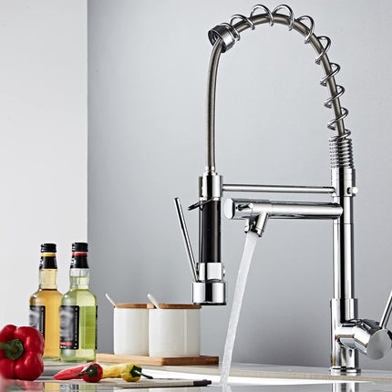 Modern kitchen faucet with water flowing, surrounded by ingredients on a countertop.