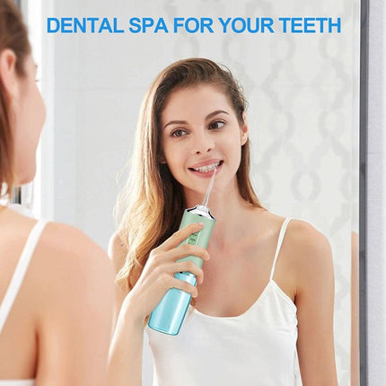 Woman using a dental spa device in front of a mirror with text 'Dental Spa for Your Teeth'.