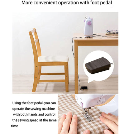 Sewing machine with foot pedal operation on a table with a chair.