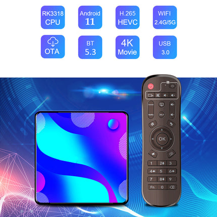A smart TV remote control and a small display screen shown together on a blue graphic background, with feature badges at the top listing RK3318 CPU, Android 11, H.265 HEVC, WiFi 2.