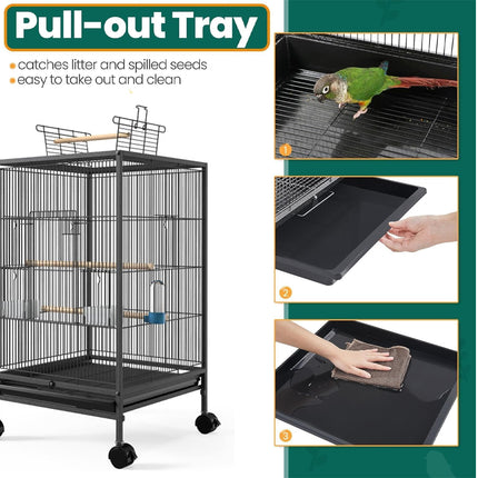 Bird cage with pull-out tray for cleaning, featuring a parrot and text about the tray's benefits.