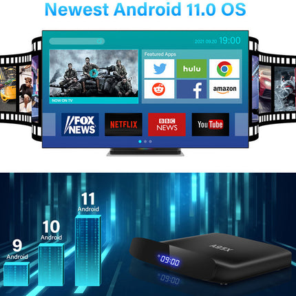 Smart TV with Android 11.0 OS interface and a TV receiver box on a white background