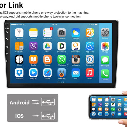 Display of a tablet with app icons and a smartphone held by a hand, showing mirror link functionality between iOS and Android devices.