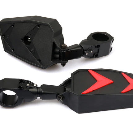 A pair of black motorcycle rearview mirrors with red chevron accents on the reflective surfaces, displayed on a clean white background.