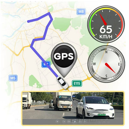 Map with GPS navigation, speedometer, and road signs on a white background