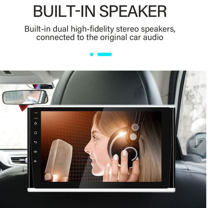 Car multimedia system with built-in speakers and screen displaying a woman using headphones.