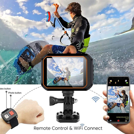 Person kite surfing with a camera and remote control system displayed.