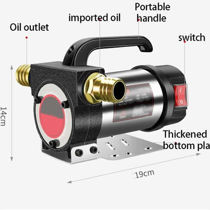 Portable oil pump with labeled parts and dimensions on a white background