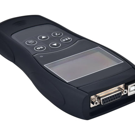 Black diagnostic scanner tool on a white background