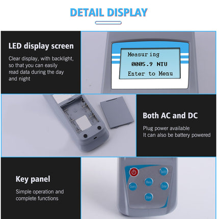 Product display with LED screen, key panel, and power options on a white background