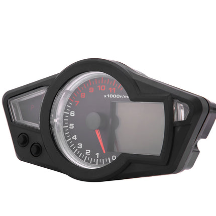 A motorcycle instrument cluster gauge with a black plastic housing, featuring a tachometer dial with red markings and a central digital display screen, isolated on a white background.