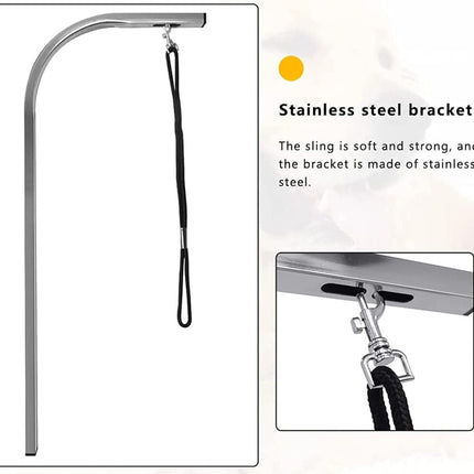 Stainless steel bracket with a black strap on a white background