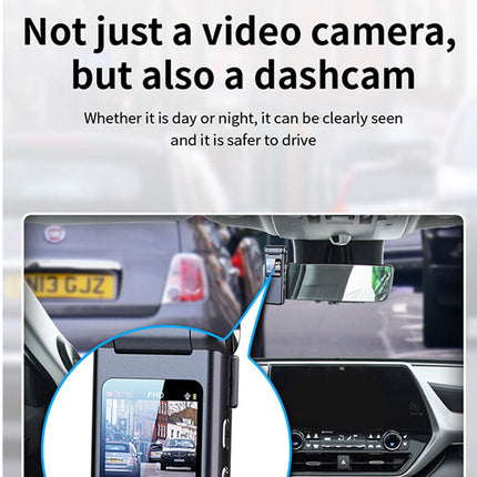 Car dashboard with a dashcam and smartphone displaying camera feed, text about video and dashcam functionality.