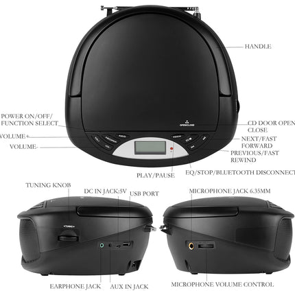Portable CD Player with Bluetooth - FM Radio & Karaoke Machine | HiFi Stereo Speakers USB/AUX MP3 Playback Remote Control Black Home Audio