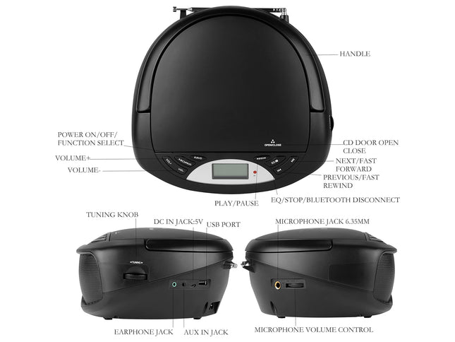 Black portable CD player with labeled features on a white background