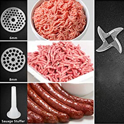 Collage of ground meat, grinder attachment, and sausage stuffer on a black background.