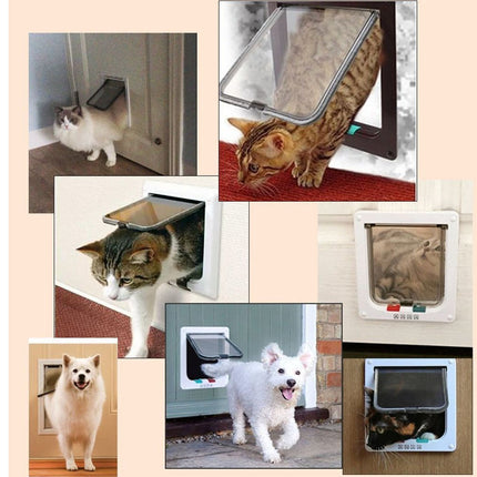 Collage of various pet doors for cats and dogs on a beige background