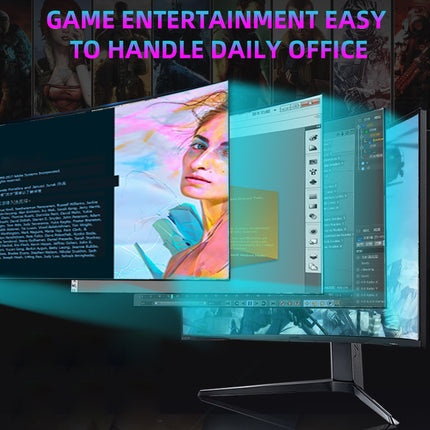 Multi-monitor setup with applications open on screens, text overlay 'GAME ENTERTAINMENT EASY TO HANDLE DAILY OFFICE'.