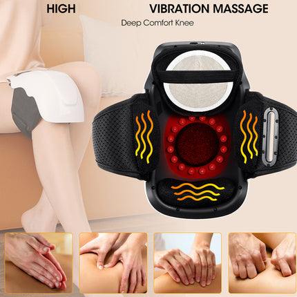 A black knee massage device with red and yellow graphic heat and vibration indicators, shown alongside a seated person wearing a white knee pad. Text reads 'HIGH VIBRATION MASSAGE' and 'Deep Comfort Knee,' with four small inset photos of hands and arms receiving massage.