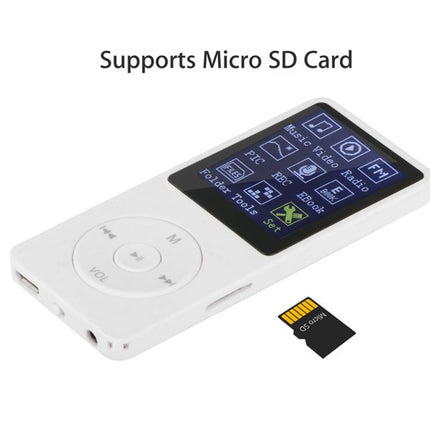 White digital player with screen and micro SD card on a white background