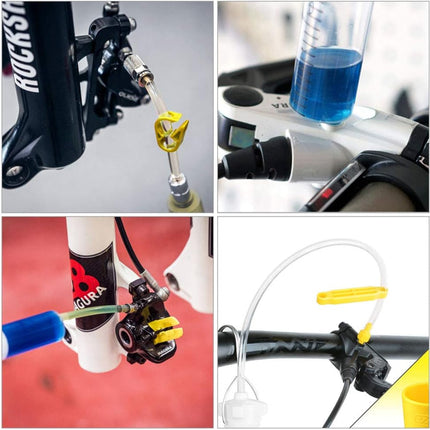 Collage of images showing a bicycle brake system with blue fluid and RockShox branding.