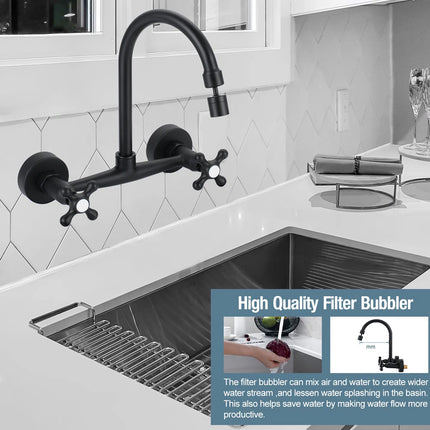 Kitchen sink with black faucet and filter bubbler feature highlighted