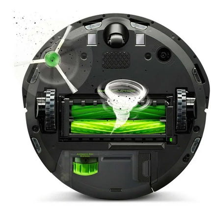 Close-up of a robotic device with a green screen and white light on a white background