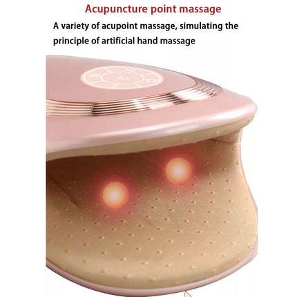 A close-up of a pink and beige handheld massage device with glowing red light spots inside, shown against a white background with descriptive text at the top.