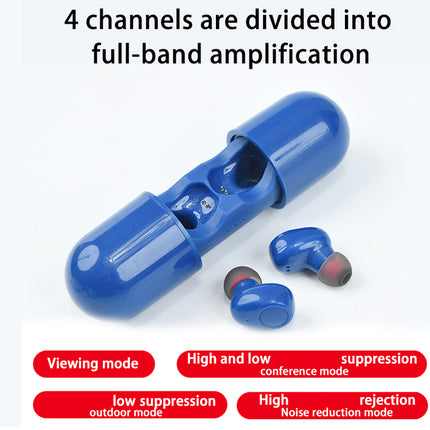 Blue earbud device with text about channel division and modes on a white background