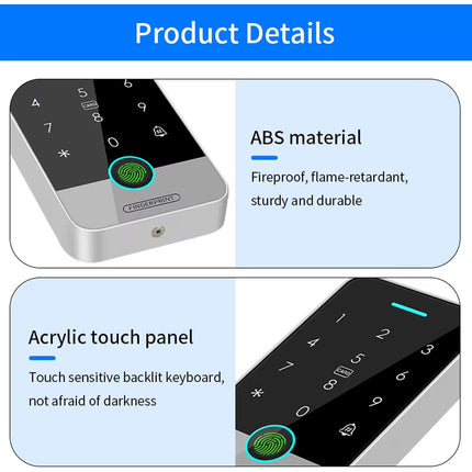 Product details graphic showing a biometric smart lock from two angles with text callouts: ABS material, fireproof and durable; acrylic touch panel, backlit keyboard for dark visibility.