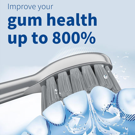 Gum health improvement claim with a toothbrush and dental model on a light blue background