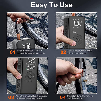 Instruction graphic showing a portable digital bicycle pump in four steps: installing the inflation tube, starting inflation, reaching preset pressure, and shutting down. The pump is shown being held by hands in outdoor pavement settings.