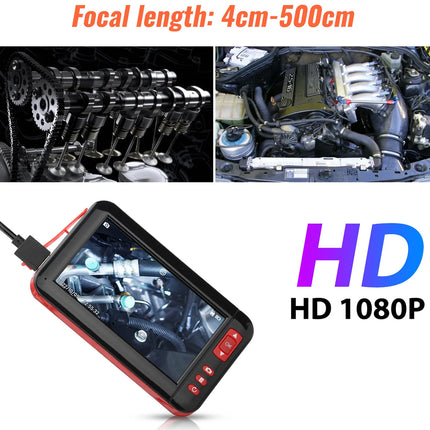 A USB-connected handheld engine inspection camera with a red and black frame, shown alongside two inset photos of car engine bays and text reading 'Focal length: 4cm-500cm' and 'HD HD 1080P'.