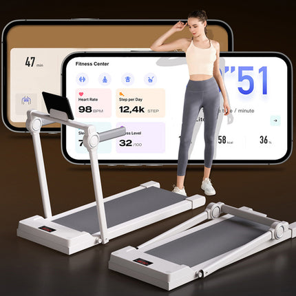 Portable treadmill with digital display and woman on a dark background