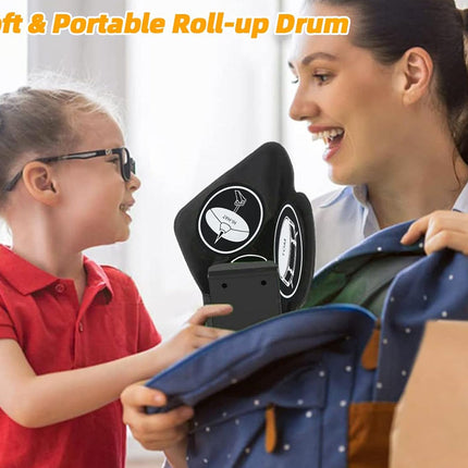 Woman and child with a soft and portable roll-up drum