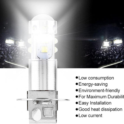 Car headlight bulb with features listed on a white background